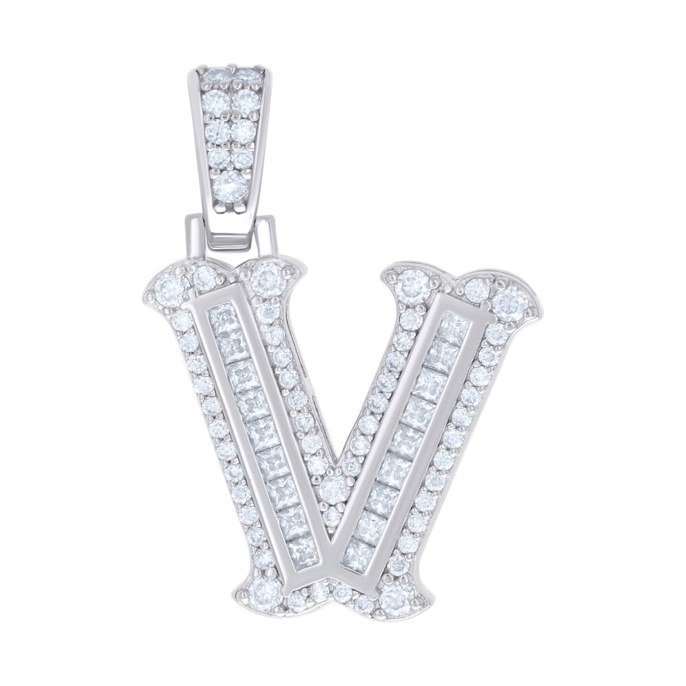 925 Sterling Silver Baguette Rnd Moissanite 0.61ct Initial Alphabet V Pendant